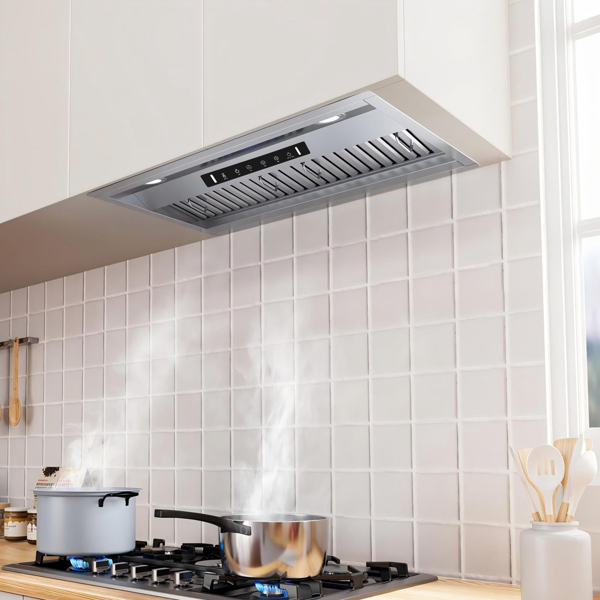 VIKIO 36 in. Insert Range Hood in Stainless Steel with 900 CFM Ventilation, Gesture and Touch Control, 3-Speed Fan, LED Lights and Convertible Ducted and Ductless Installation