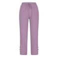 thumbnail image 5 of Wyobmus Cotton Linen Lounge Pants for Women Casual Elastic Waist Drawstring Versatile Straight Leg Nine-Point Pants A-Purple, 5 of 5