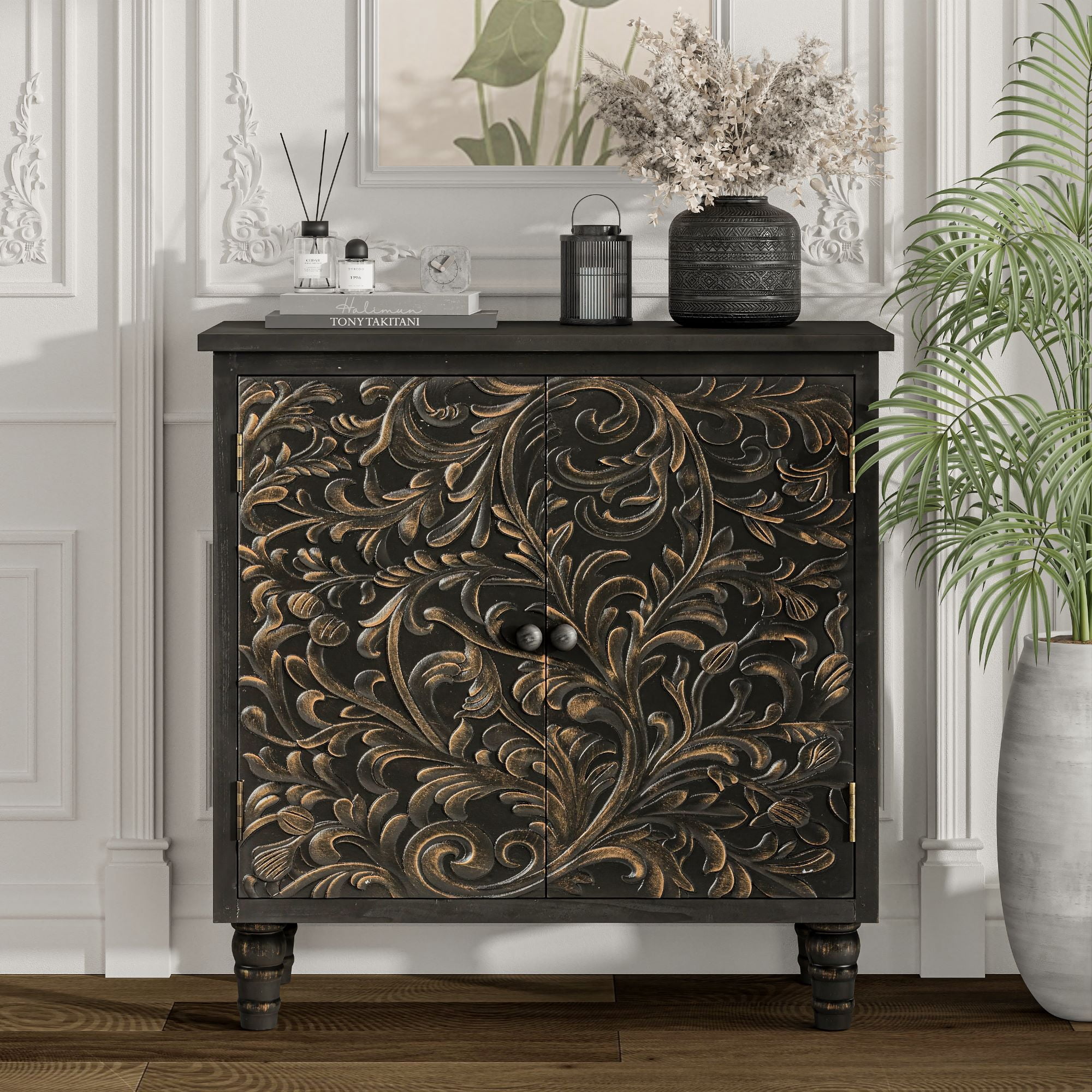 COZAYH 2 Door Farmhouse Storage Cabinet with Embossed Distressed Flower Motif, Vintage Side Table for Living Room, Bedroom, Boho, Black