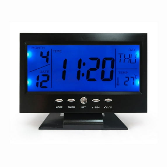 Digital Sound Control Clock Night Light LED Calendar Thermometer Alarm Table Clock - Black