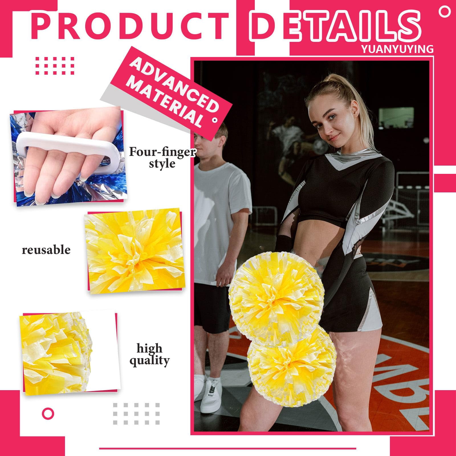 Cheer Pom Poms 8 Pcs Four Finger Handle, Cheerleading Handheld Squad Pompoms for Sports Team Cheer Spirit Games Dance Party Adults