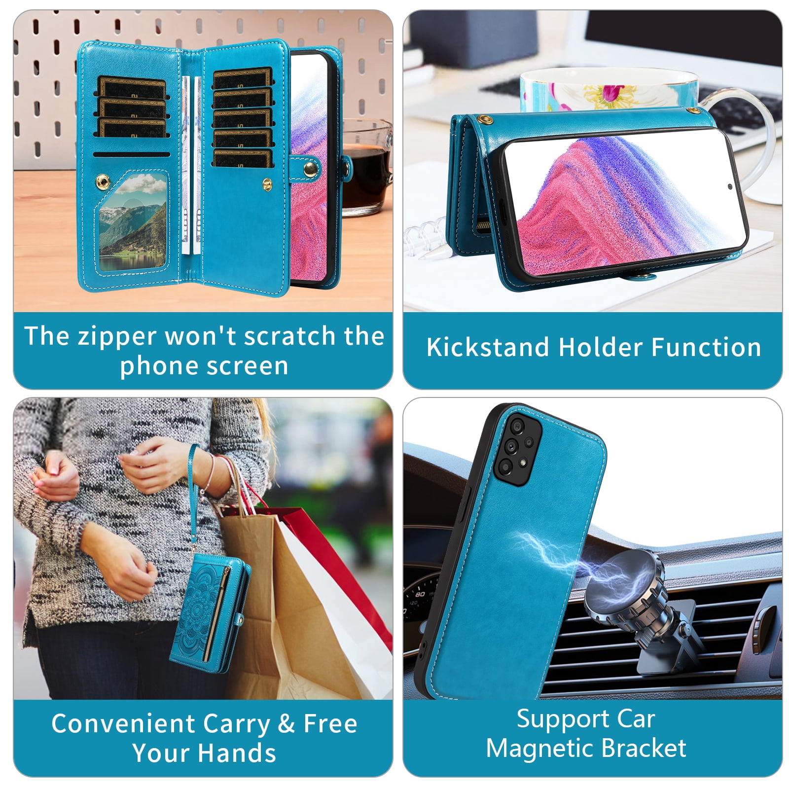 Asuwish Phone Case for Samsung Galaxy A53 5G Zipper Wallet Detachable Cell Cover with Tempered Glass Screen Protector Crossbody Strap Flower Flip Card Holder A 53 G5 53A SM A536U 6.5" 2022 Women Blue