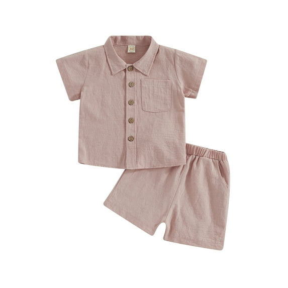 Shuttle tree Baby Boy Cotton Linen Shorts Set Solid Color Short Sleeve Button Down T-Shirt Tops and Shorts Summer Outfit Clothes