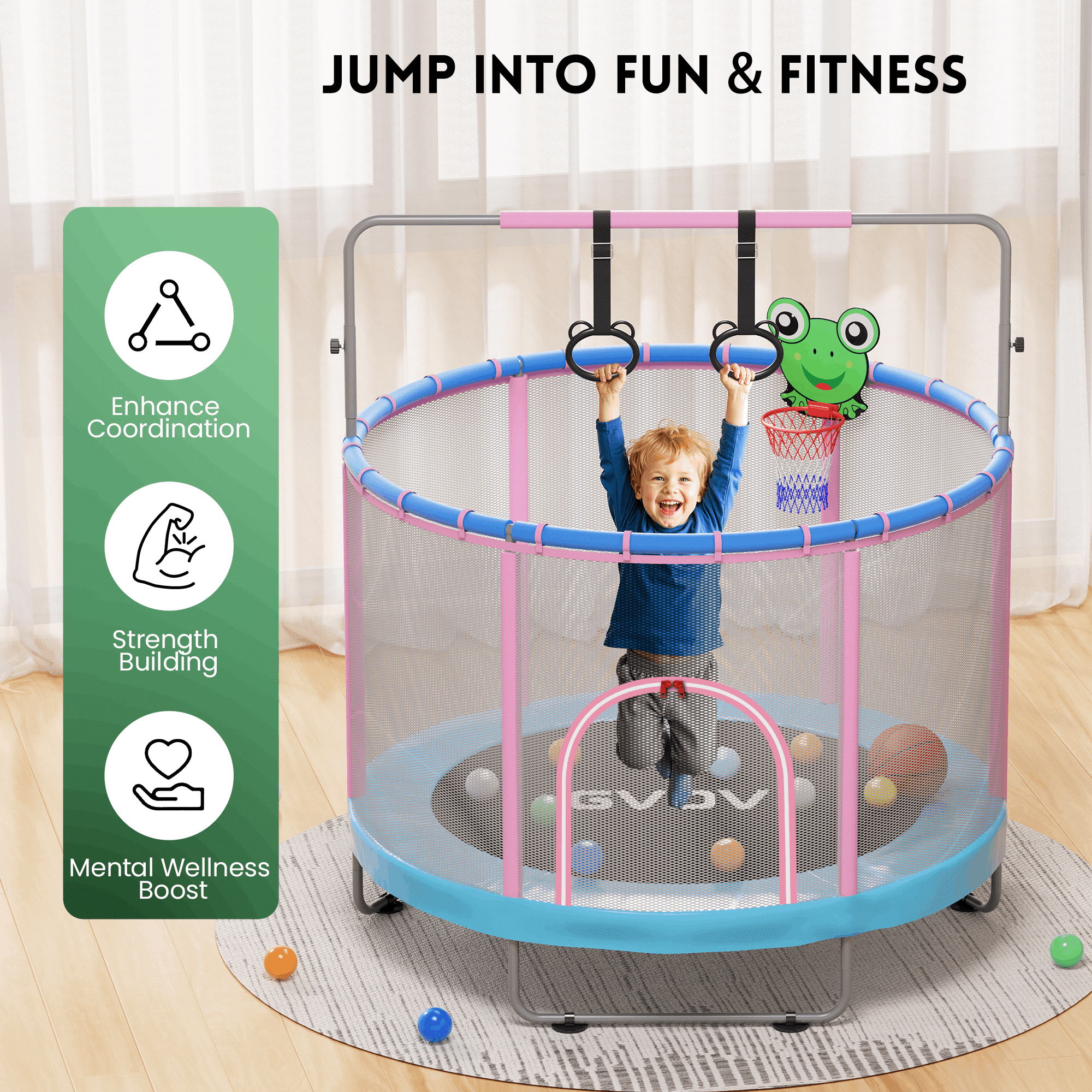 GVDV Trampoline for Kids, 60" Toddler Mini Trampoline with Enclosure Net, Basketball Hoop