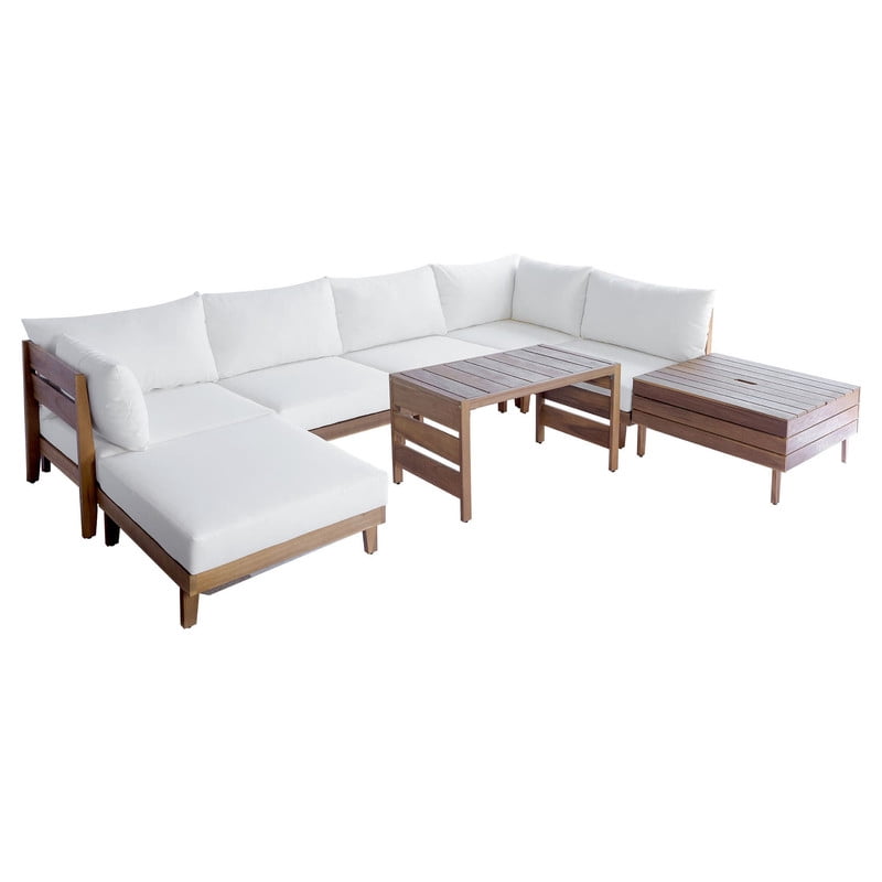 8-Piece Patio Furniture Set with Coffee Table, Outdoor U-Shaped Sectional Sofa Set with Storage Tea Table, Acacia Wood Conversation Set with Ottoman
