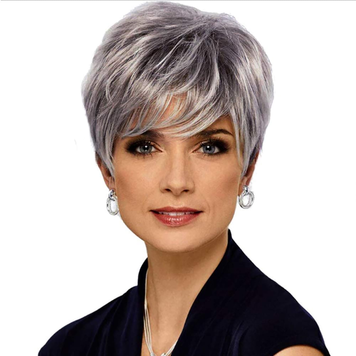 Lakihair Short Grey Wigs with Bangs Sliver Gray Pixie Cut Wigs for