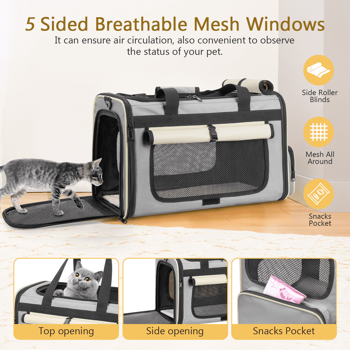 CshidWorld TSA Airline Approved Collapsible Cat Carrier for Large Cats and Small Dogs up to 25lbs, Soft-Sided Travel Dog Carrier (Beige-gary)