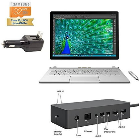 2015 Tablet of the Year Microsoft Surface Book Tablet 2-in-1 Laptop 13.5" touch screen 3000x2000 3K 3:2 QHD Digitizer Stylus Pen Windows 10 Pro (Core i7-6600U 8GB 256GB SSD NVIDIA GeForce GPU, Dock Bu