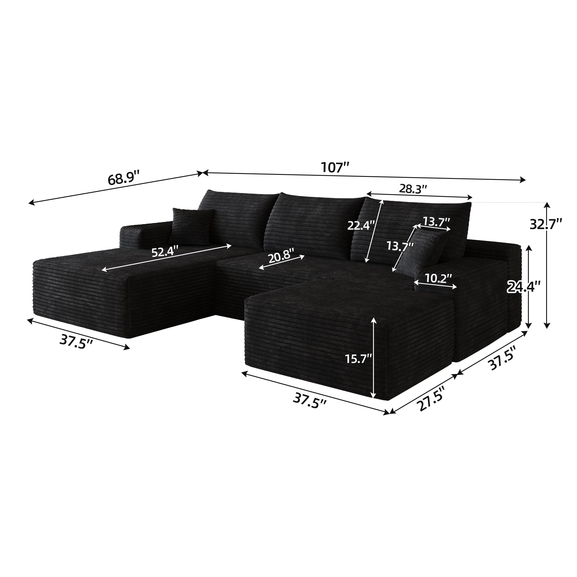 Cloud Sectional Sofa 107 Inch, U-Shaped Modular Couch with Ottoman and Corduroy Fabric, Deep Seat Corner Sofa for Living Room, No Assembly Required, Black