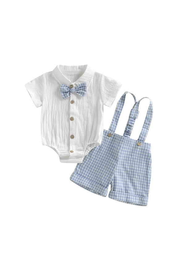 Infant Baby Boy Clothes Summer Short Sleeve Romper Dress Shirt With Bowtie Suspenders Shorts Suit Toddler Gentleman Outfits Holiday Party Wear