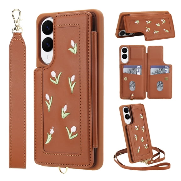 ELEHOLD Crossbody Case for Samsung Galaxy S25 Edge, Flower Embroidered Wallet Case with Shoulder and Wrist Strap, Stand Feature,Brown