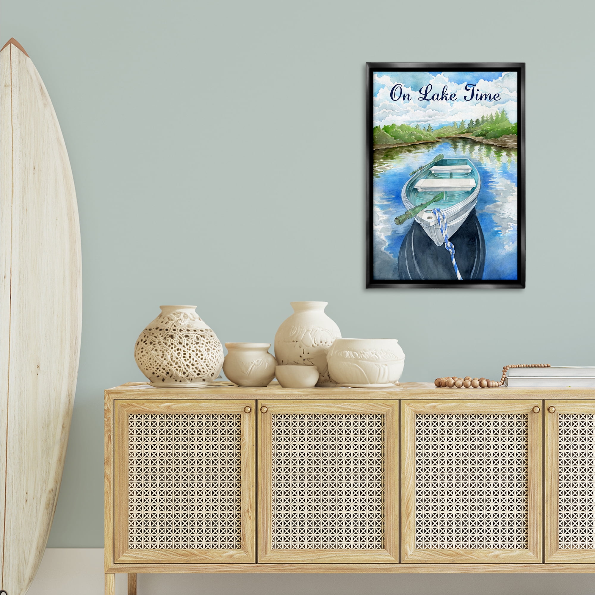 Stupell Industries On Lake Time Canoe Transportation Painting Black Floater Framed Canvas Art Print Wall Art, 21 x 31