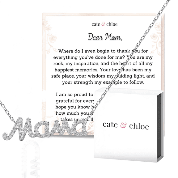 Cate & Chloe Dorothy 18k White Gold Plated Mama Necklace with Heartfelt Message Card, Gift for Mom