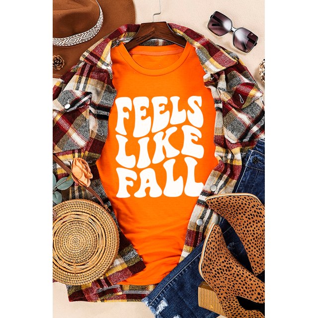 ABPHQTO Camiseta gráfica de manga corta naranja para mujer FEELS LIKE FALL