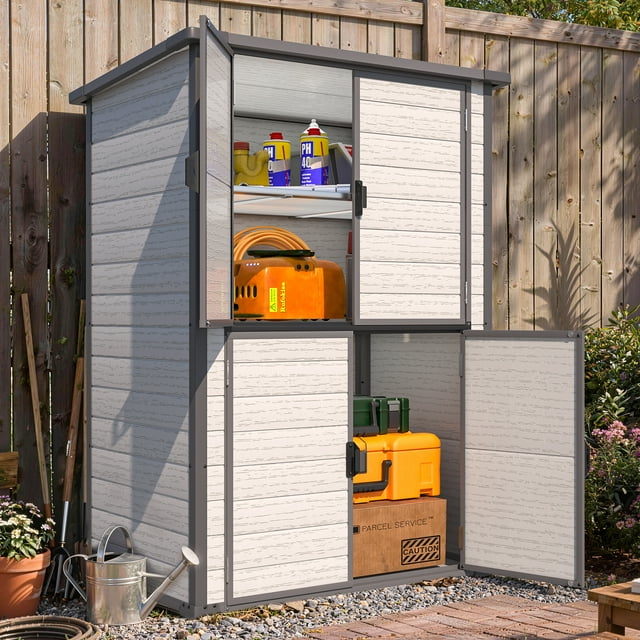 AECOJOY Armoire de Rangement Extérieure en Résine avec Étagères, Remise de Rangement Verticale Étanche et Verrouillable pour Jardin Ou Patio