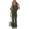 thumbnail image 2 of Girls Leopard Heart Clothing Set Teens 2 Piece Outfits Crewneck Oversized Short Sleeve Top Flare Pants Sets School Loose Army Green 14-15 Years, 2 of 6