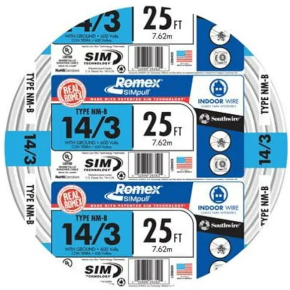 Southwire Romex 25 Ft. 14-3 Solid White NMW/G Electrical Wire, 63946921