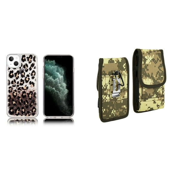 Liquid Glitter Case for iPhone 14 and Belt Holster Pouch (Leopard/ACU)