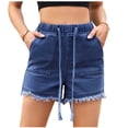 thumbnail image 2 of Bloomae Denim Shorts for Women Casual Drawstring Stretchy Elastic High Waist Comfy Short Jeans Lightweight Frayed Hem Summer Hot Pants with Pockets Dark Blue L, 2 of 6