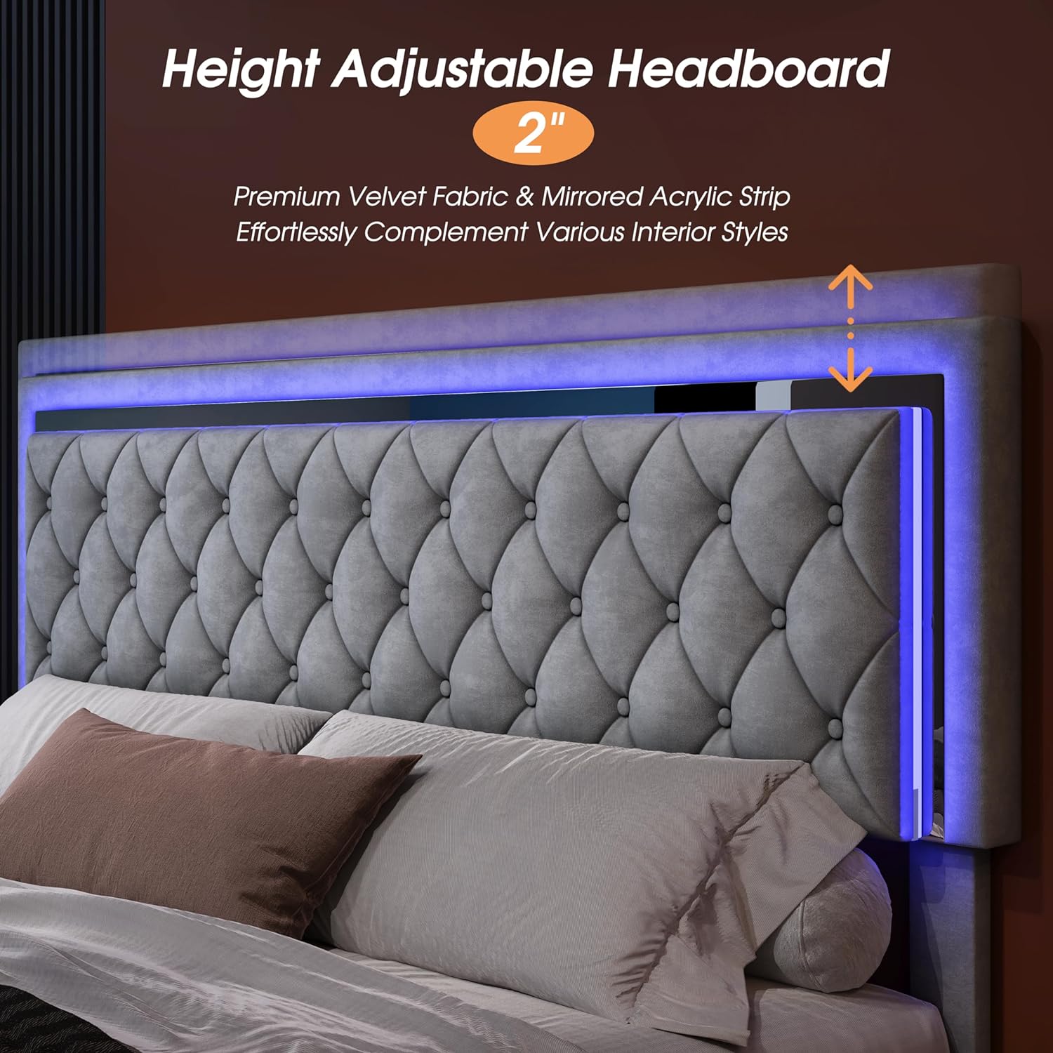 LUXOAK Queen Bed Frame with LED Lights&Storage Drawers,Velvet Upholstered Platform Bed,Light Grey