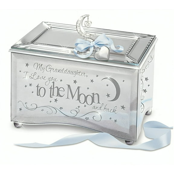 The Bradford Exchange "My Granddaughter, I Love You to the Moon and Back" Music Box Mirrored Glass with Crystals, Engravable Heart Charm, and Poem Card – Plays "You Are So Beautiful" 3.75-Inches