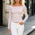 thumbnail image 2 of hoksml Women's Polka Dot Off Shoulder Long Sleeve Top Stretch Slim Fitted Boat Neck Y2K Blouse, 2 of 5