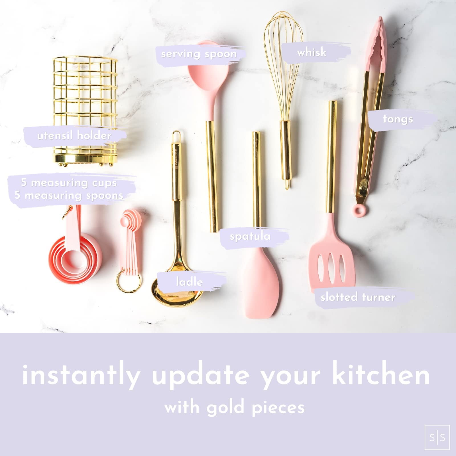 White Silicone Copper Kitchen Utensils Set with Holder 17 Pc Rose Gold  Kitchen