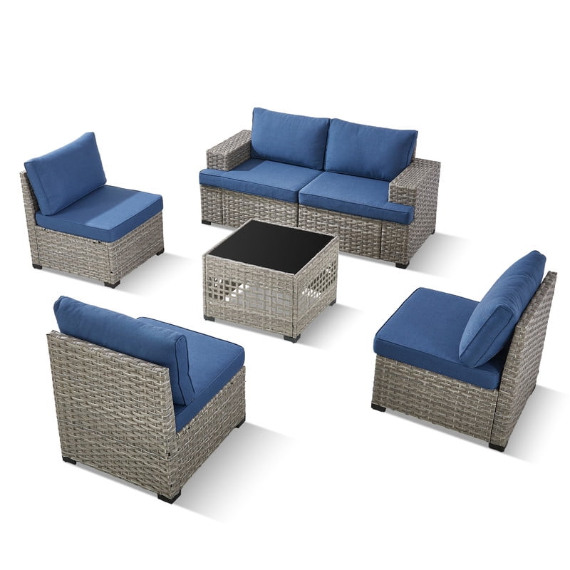 PARKWELL 6 Pieces Patio Furniture Sets,Outdoor Modular Furniture Sectional Sofa Set with Coffee Table,All-Weather Rattan Wicker Conversation Set for Backyard Deck,Taupe/Navy