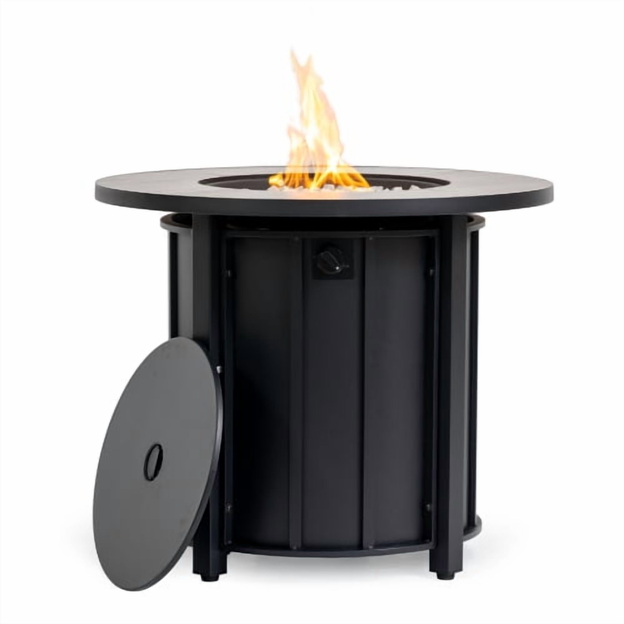 POVANLI 30" Propane Gas Fire Pit Table, 50000 BTU Round Steel Fire Pit with Wood Grain Ceramic Tabletop for Outside Patio Deck Garden Backyard- Black