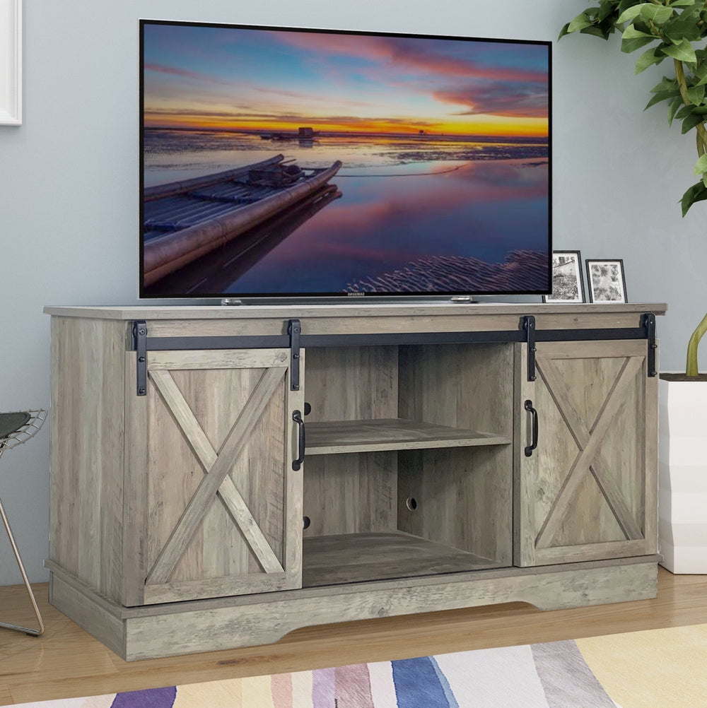 Rainbow Sophia Furniture Adjustable Television Stand with with Sliding Barn Doors, Oak Brown