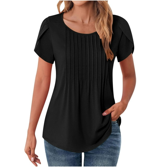T-shirt pour Femmes à Col Rond, Manches Courtes, Plissé, Style Bureau Décontracté, Coupe Ample, Uni, Côtelé, Tunique, Noir