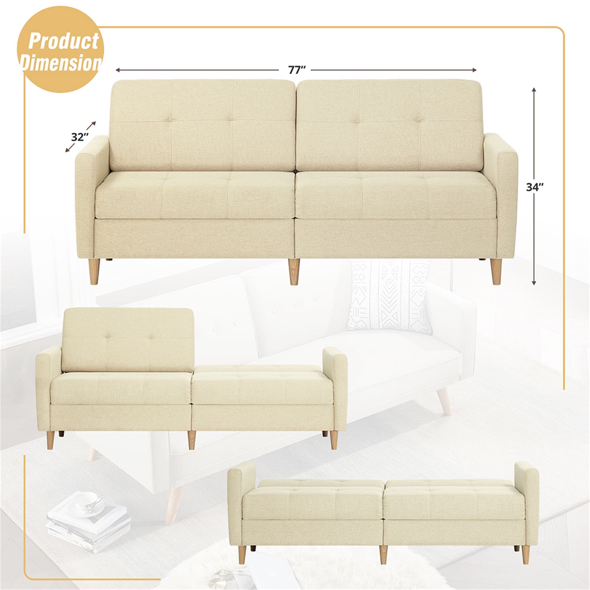 Kadyn Loveseat Sofa Bed, Mordern Convertible Sofa with Adjustable Backrest and Wooden Legs, 2-Seat Couch for Bedroom, Beige Kadyn Loveseat Sofa Bed, Mordern Convertible Sofa with Adjustable Backrest and Wooden Legs, 2-Seat Couch for Bedroom, Beige