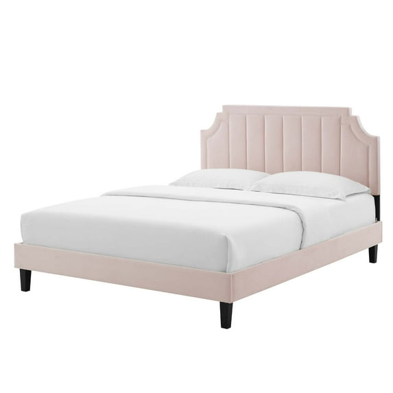 Platform Bed Frame, Queen Size, Velvet, Pink, Modern Contemporary Urban Design, Bedroom Master Guest Suite
