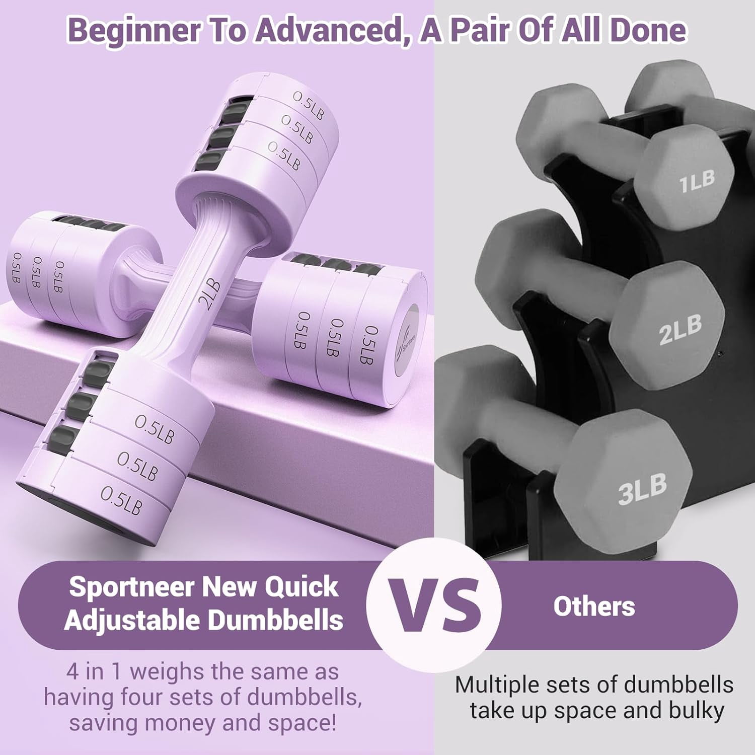 Adjustable Dumbbells Set of 2, 5 lb Hand Weights Fast Adjust 4 in 1  Weights for Home Gym Exercise Training