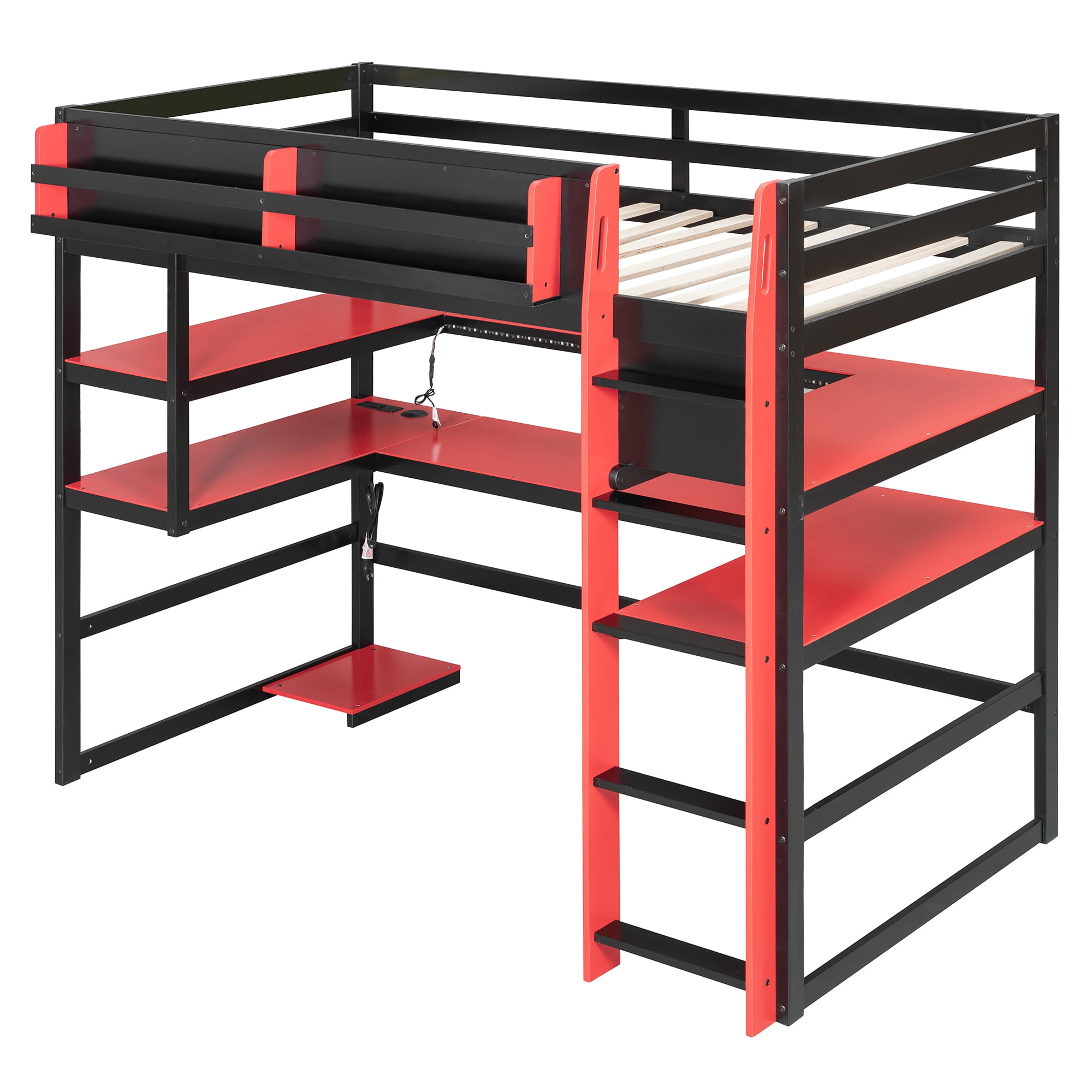 Mintazer Twin Size Gaming Loft Bed with U-Shaped Desk & LED Lights, Modern Bed Frame with Shelves & Charging Station for Dorm Bedroom Apartment, Black & Red