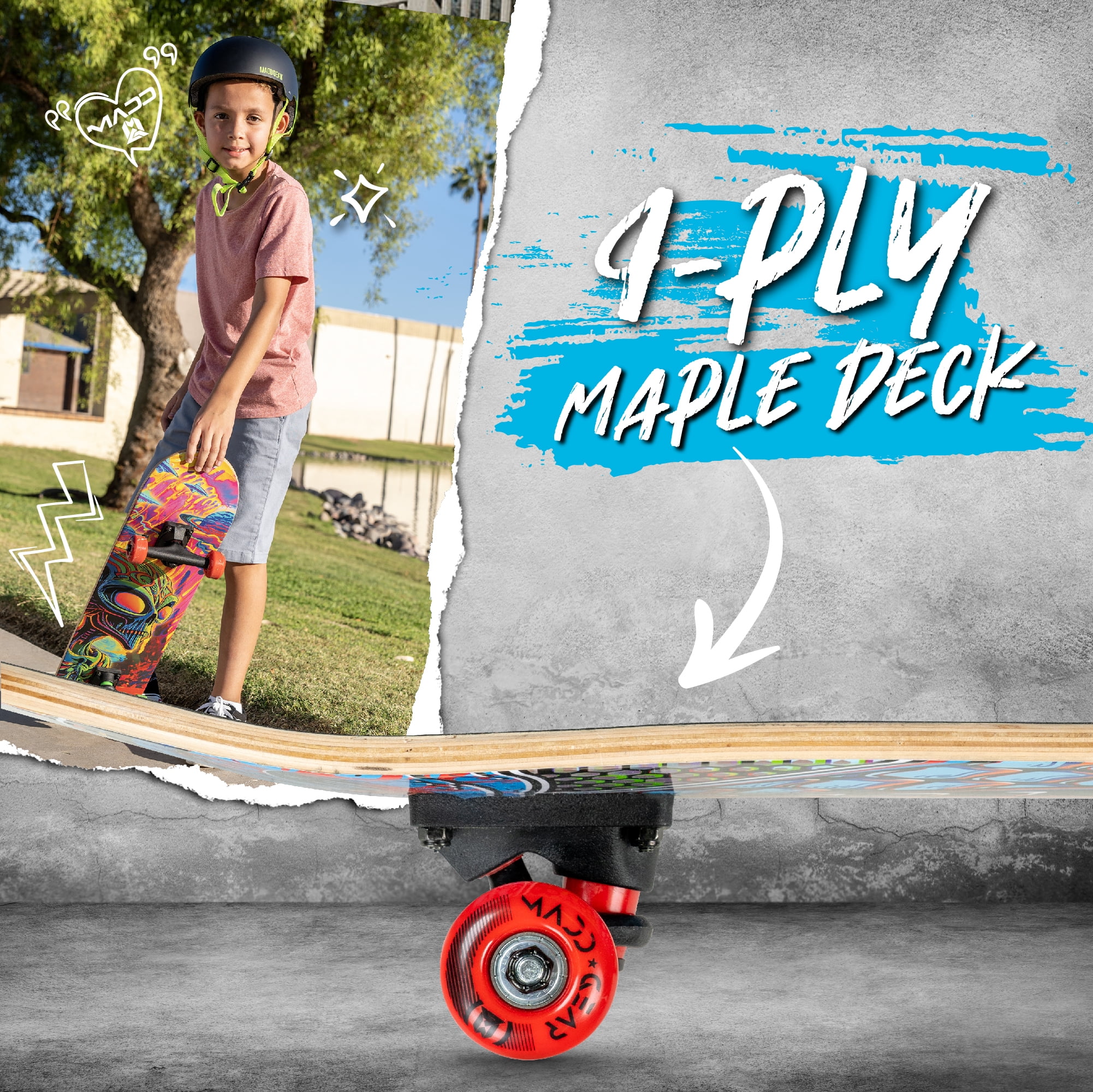 Madd Gear 31 x 7-inch Double Kicktail Standard Beginner Complete Skateboard Maple Deck 50mm Wheels