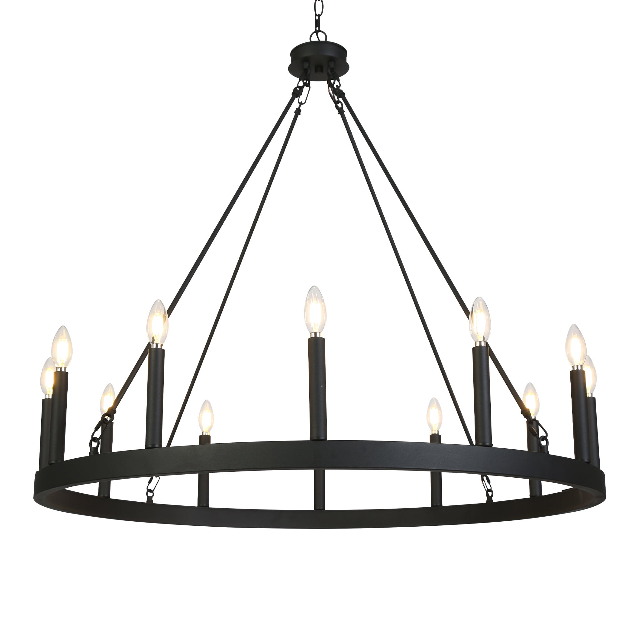 LNC Oversized 12-Light Matte Black Candle Chandelier, 39.4” Modern Round Design