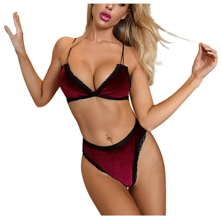 

YDKZYMD Sexy Corset Lingerie Set Velvet High Waisted Lace Sexy Plus Size Bra and Panty Sets for Women Wine M