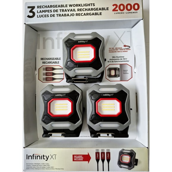 Infinity X1 Rechargeable LED Work Lights – 2000 Lumens, 3-Pack with USB Charging Cables, Magnetic Base, 18-Hour Runtime