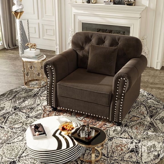 FFZ 41.3 inch Upholstered Velvet Sofa Nailhead Trim Rolled Armrests Mid-Century Chesterfield Brown For Living Room