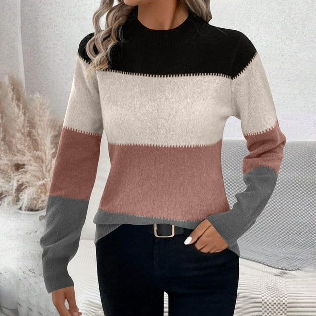 PEONAVET Chandails pour Femmes Mode Féminine Chandail à Manches Longues Col Rond Tricoté