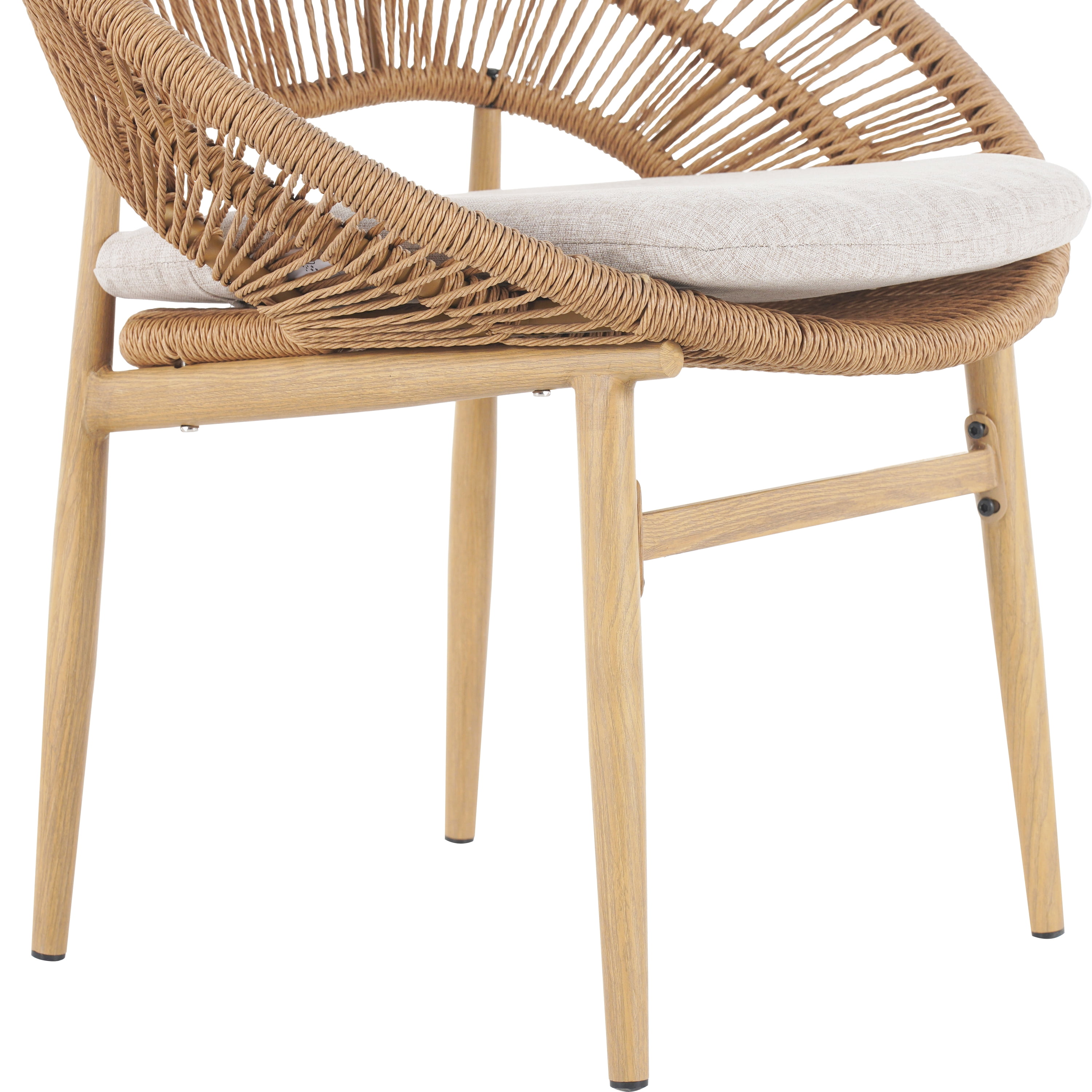 Dining Chairs, Set of 2 Outdoor Papasan Style Dining Chairs PE Wicker With Teak Finish Iron Legs And Beige Cushion, For Patio Dining, Light Brown Beige