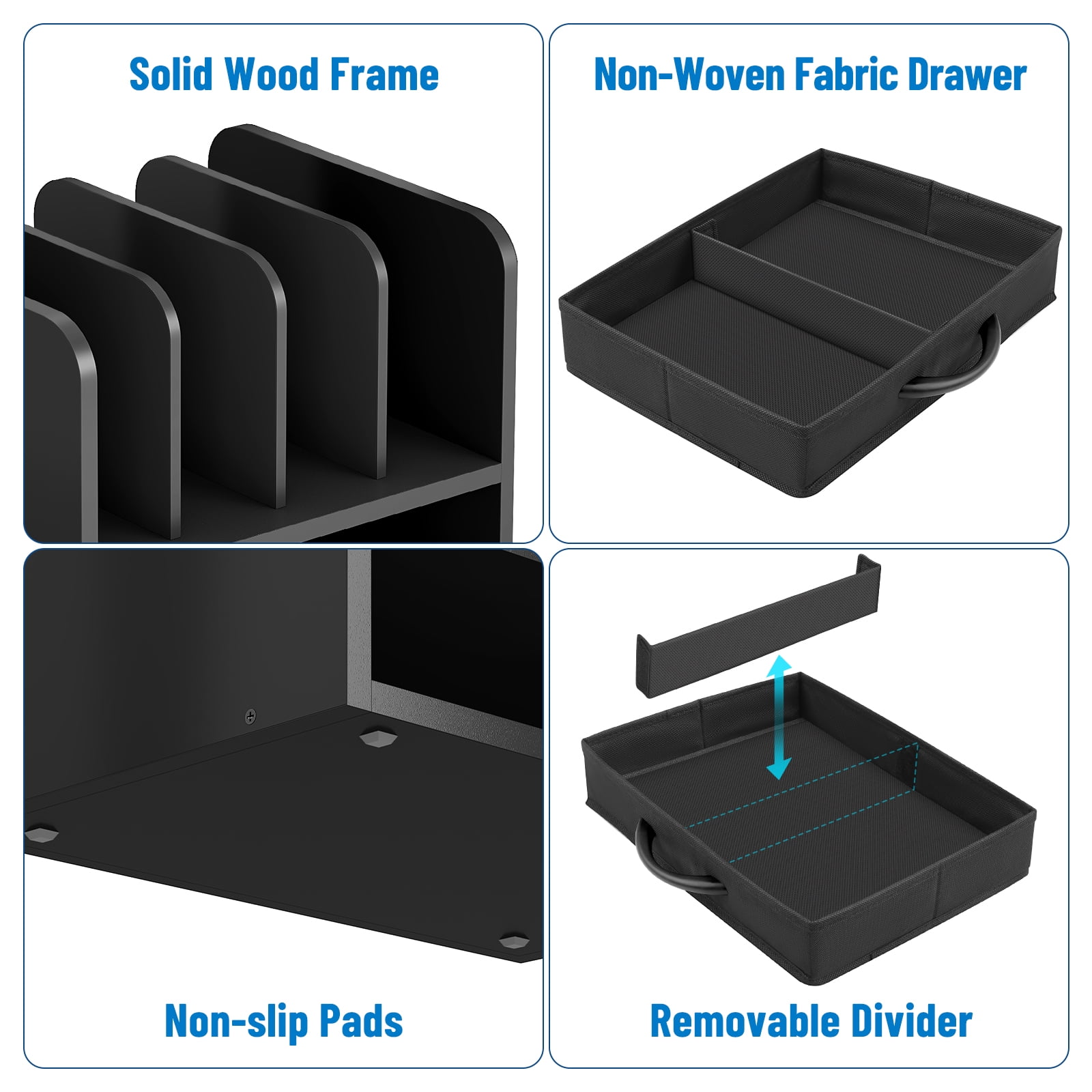 Desk File Organizer for Home, Office, School, Wooden Frame Desktop Storage Solution for Office Supplies, Documents, Papers, Folders and Stationery, Space-Saving and Stylish Document Sorter