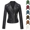 thumbnail image 3 of Lovskoo Women's Leather Jacket Long Sleeve Short Lapel Jacket Motorcycle Jacket Green, 3 of 3