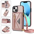 thumbnail image 1 of Feishell Fit for iPhone 14 Plus (6.7 inch) Case with Adjustable Shoulder Strap,Luxury Premium PU Leather Back Magnetic Buckle Flip Card Pocket Zipper Wallet Crossbody Phone Case,Pink, 1 of 14