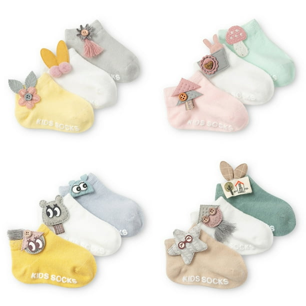 Pudcoco 3 Pairs Baby Walking Socks Anti Slip Socks with Button Stretchy Socks