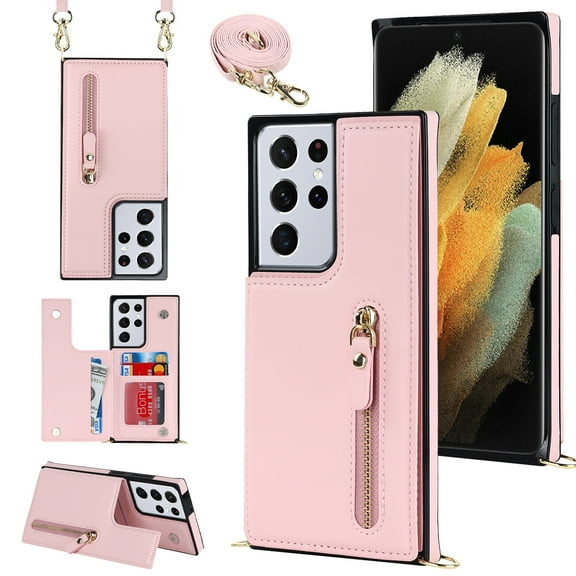 Nalacover Zipper Wallet Case for Samsung Galaxy S21 Ultra, Luxury PU Leather Crossbody Lanyard Shoulder Strap Magnetic RFID Blocking Cover with Kickstand Card Slots Holder Shockproof Case,Pink