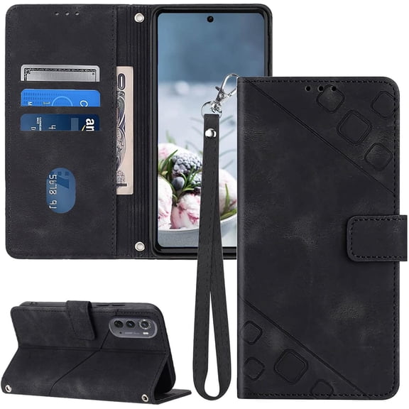 Compatible for Motorola Edge 2022 Case Wallet,[Card Holder Slots][Wrist Strap][Kickstand] TPU Interior Phone Case Protective, PU Leather Embossing for Moto Edge 2022 Flip Cases Cover (Black)