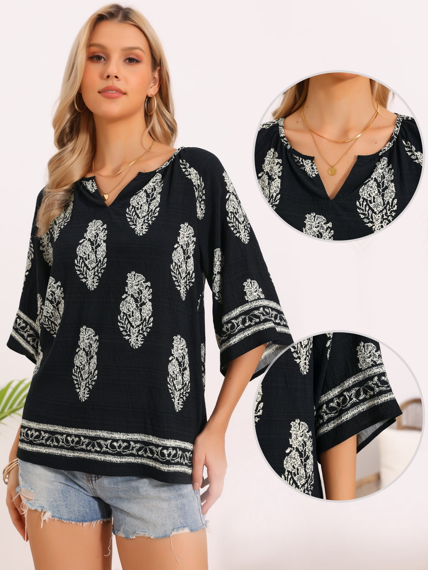DARING DIVA Women's Boho Tops Summer 3/4 Sleeve V Neck Loose Blouses S Black