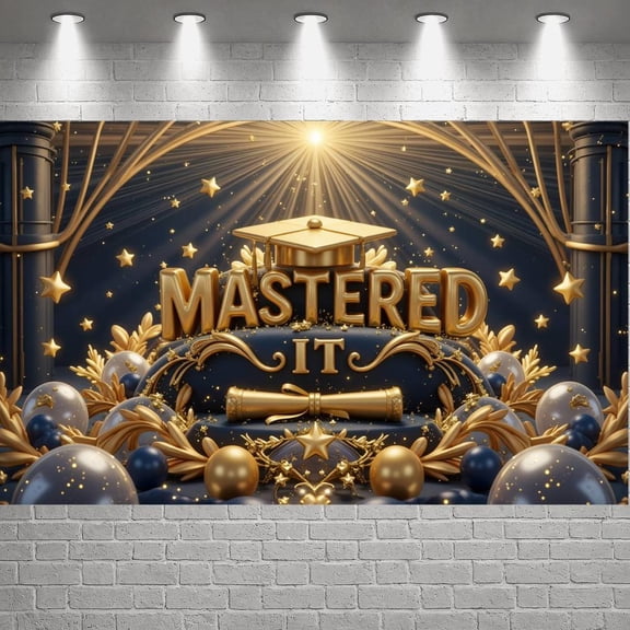 Gold Theme Graduation Banner Star Decor Master Graduation Display Navy Blue Background Golden Laurel Academic Backdrop for Graduation Ceremony College Graduation Master Degree Celebration